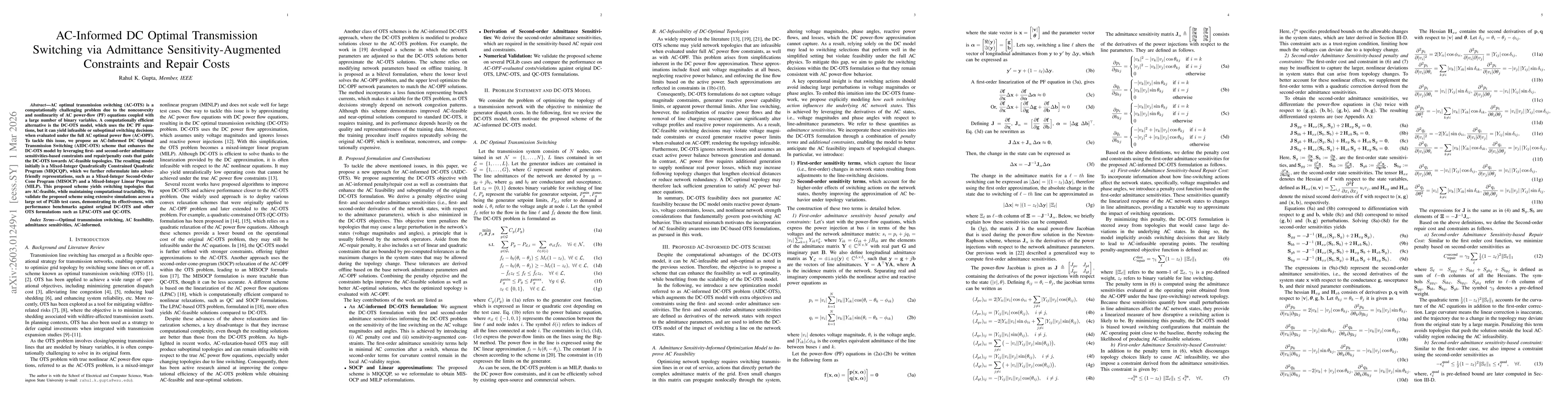 Thumbnail for AC-Informed DC Optimal Transmission Switching via Admittance Sensitivity-Augmented Constraints and Repair Costs