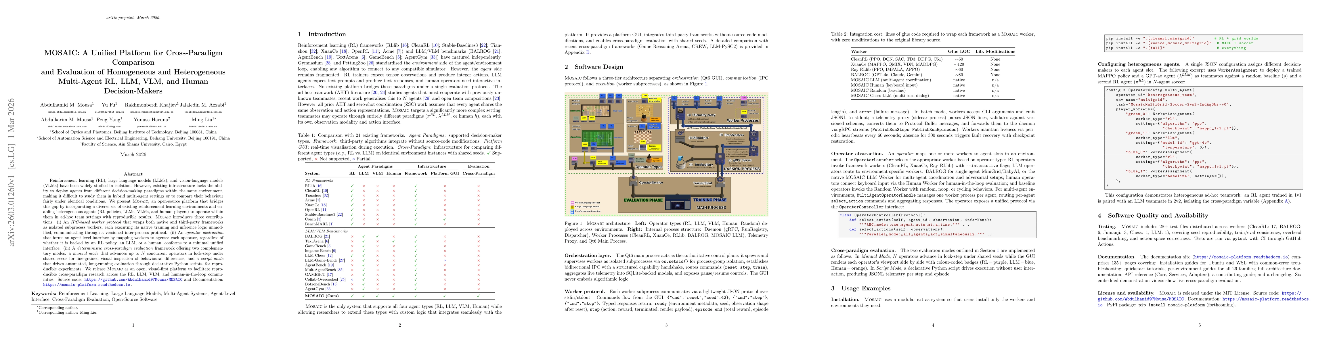 Thumbnail for MOSAIC: A Unified Platform for Cross-Paradigm Comparison and Evaluation of Homogeneous and Heterogeneous Multi-Agent RL, LLM, VLM, and Human Decision-Makers