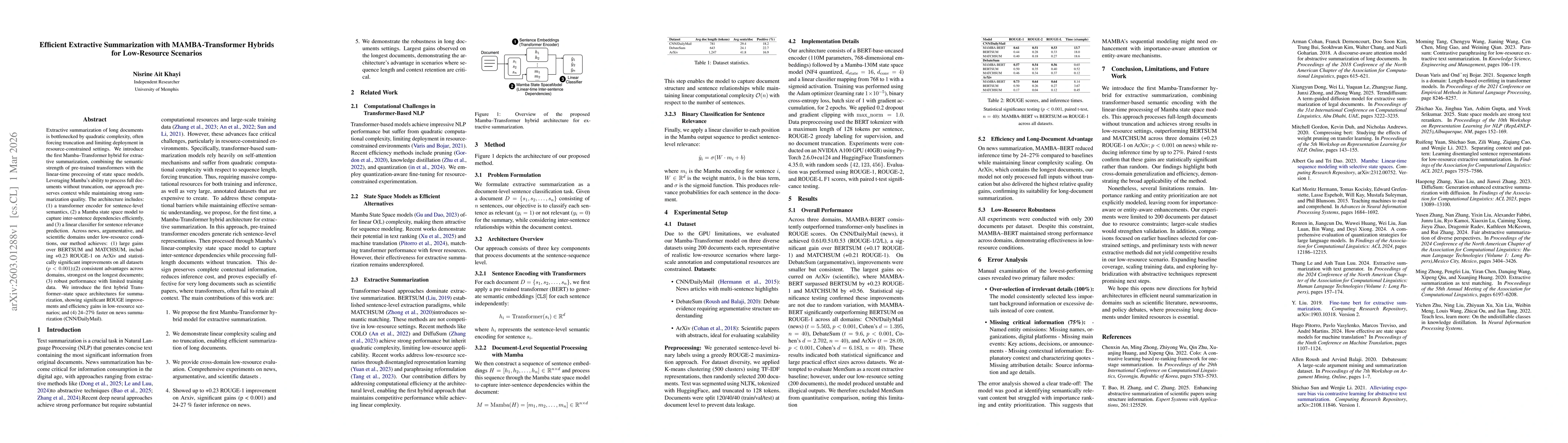 Thumbnail for Efficient Extractive Summarization with MAMBA-Transformer Hybrids for Low-Resource Scenarios
