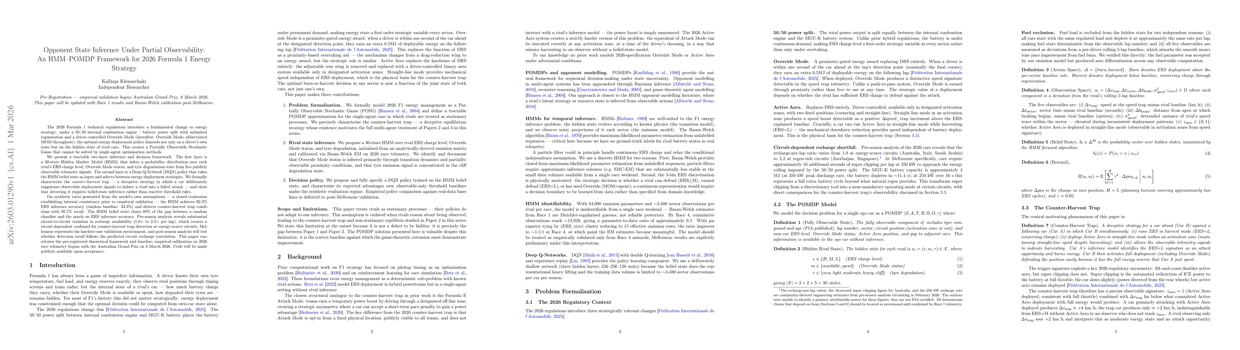 Thumbnail for Opponent State Inference Under Partial Observability: An HMM-POMDP Framework for 2026 Formula 1 Energy Strategy