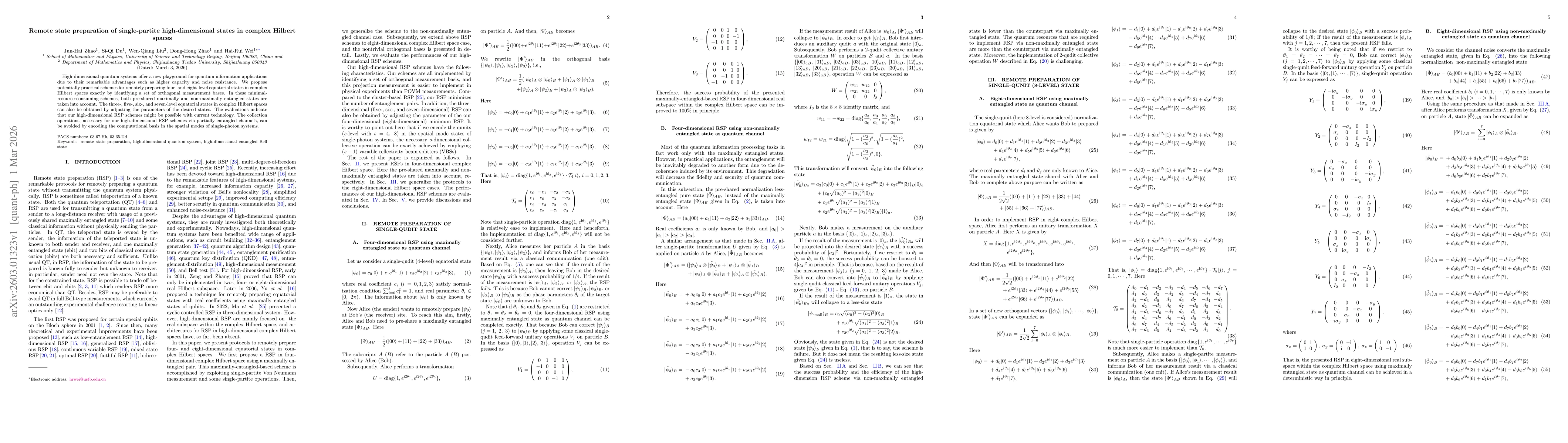 Thumbnail for Remote state preparation of single-partite high-dimensional states in complex Hilbert spaces