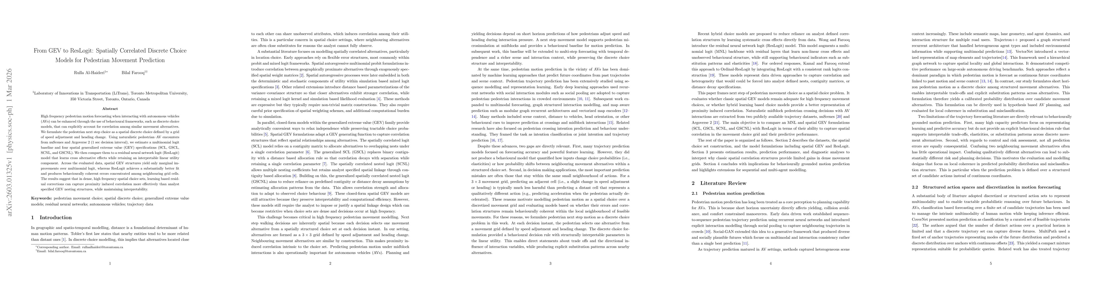 Thumbnail for From GEV to ResLogit: Spatially Correlated Discrete Choice Models for Pedestrian Movement Prediction