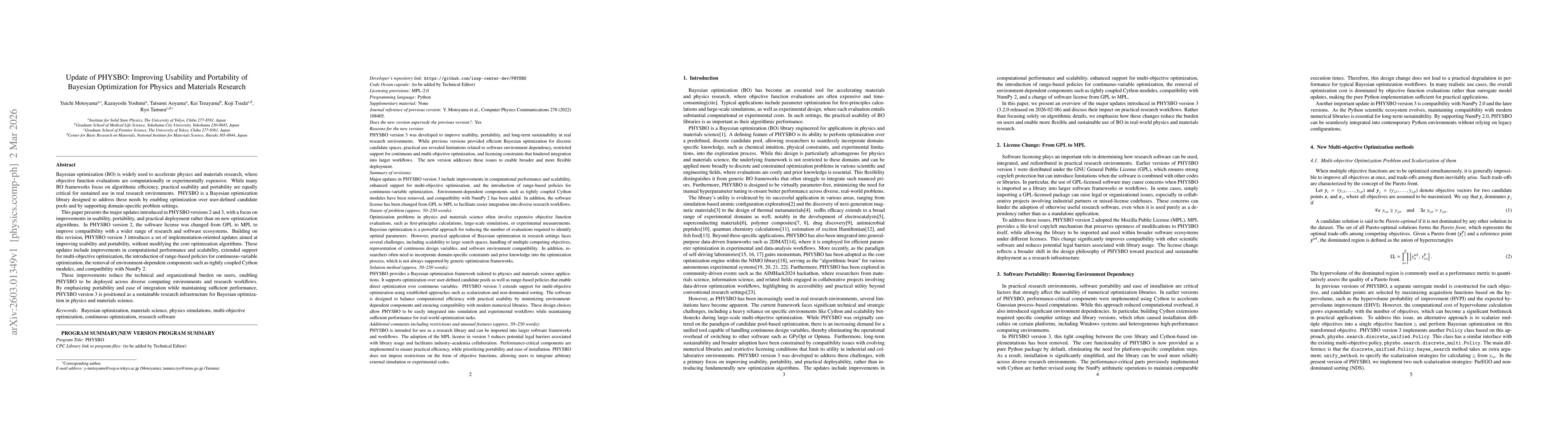 Thumbnail for Update of PHYSBO: Improving Usability and Portability of Bayesian Optimization for Physics and Materials Research