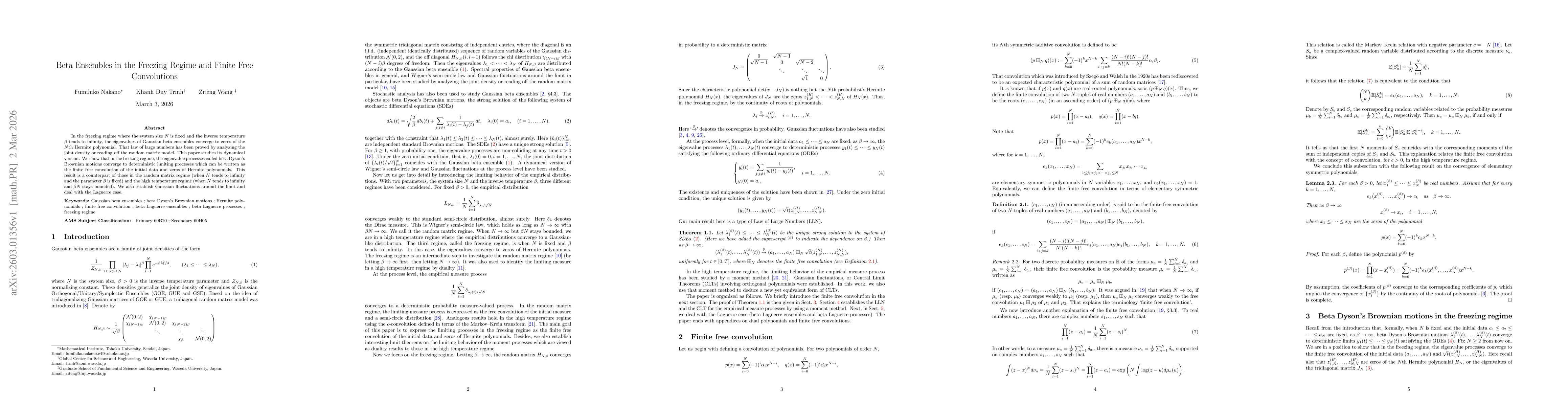 Thumbnail for Beta Ensembles in the Freezing Regime and Finite Free Convolutions