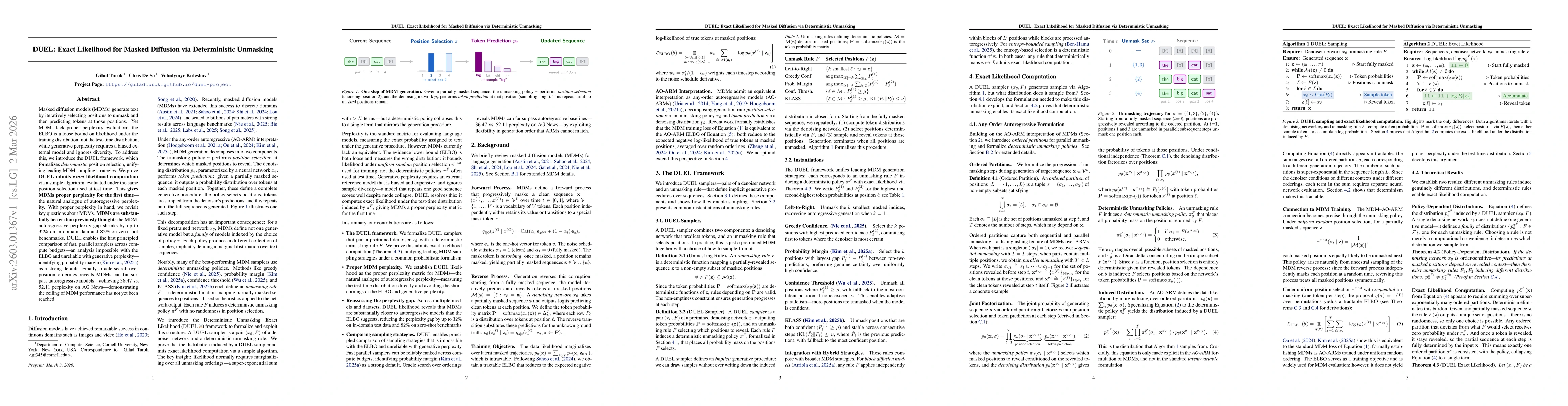 Thumbnail for DUEL: Exact Likelihood for Masked Diffusion via Deterministic Unmasking