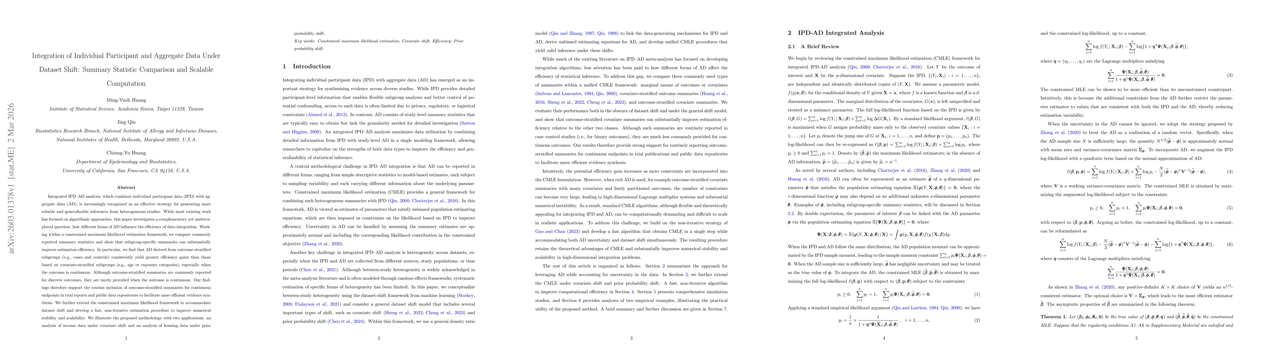 Thumbnail for Integration of Individual Participant and Aggregate Data Under Dataset Shift: Summary Statistic Comparison and Scalable Computation