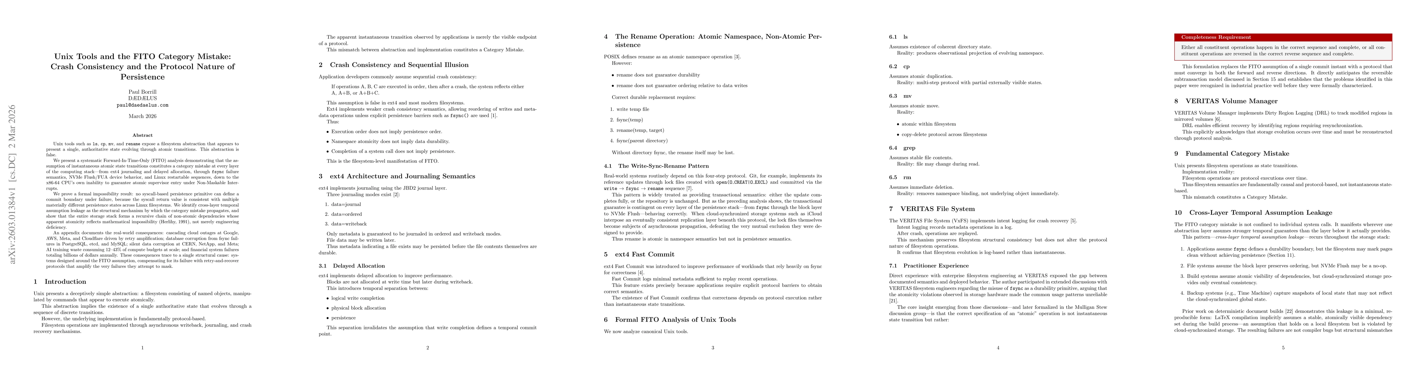 Thumbnail for Unix Tools and the FITO Category Mistake: Crash Consistency and the Protocol Nature of Persistence