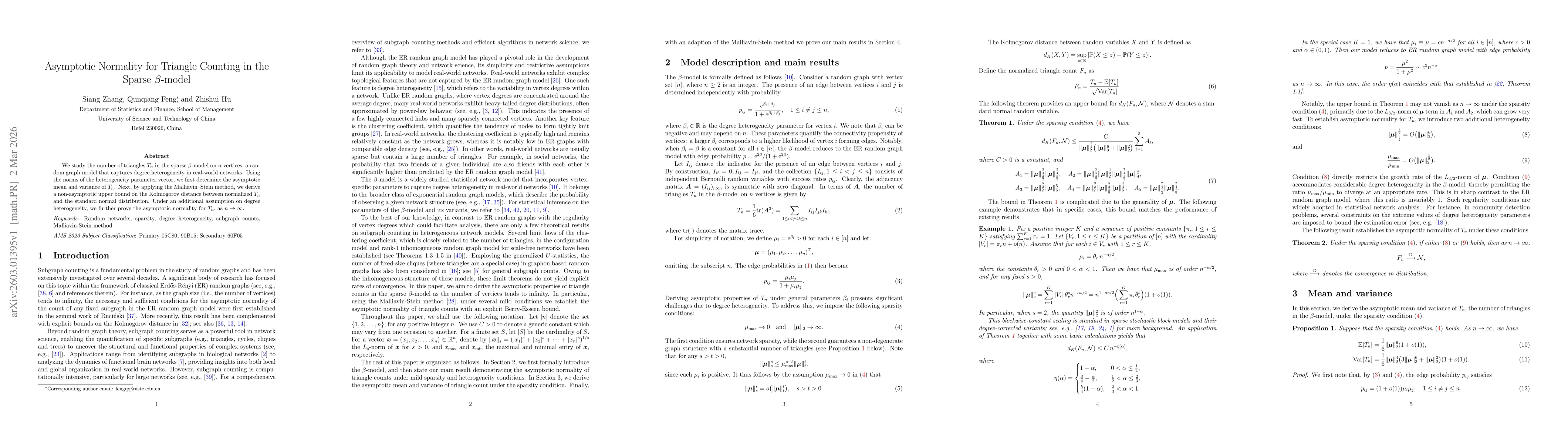 Thumbnail for Asymptotic normality for triangle counting in the sparse $β$-model
