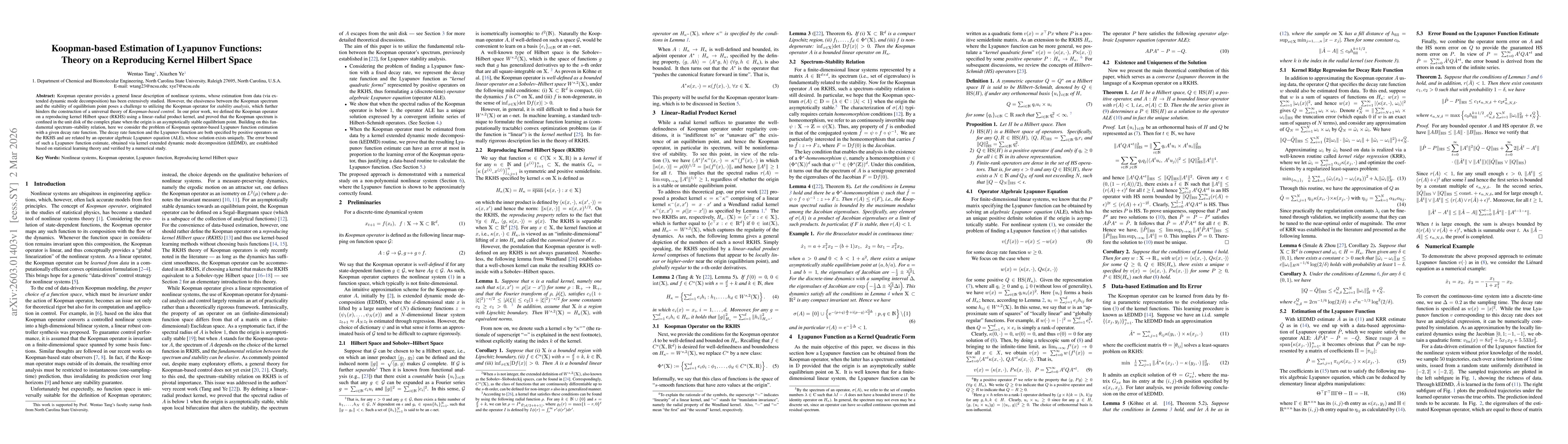 Thumbnail for Koopman-based Estimation of Lyapunov Functions: Theory on a Reproducing Kernel Hilbert Space