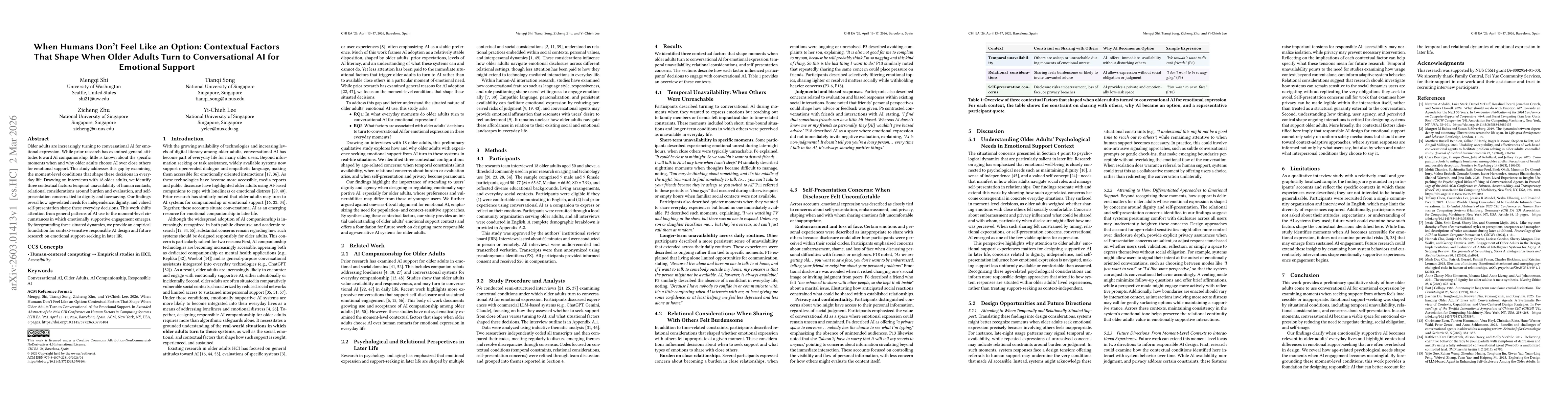 Thumbnail for When Humans Don't Feel Like an Option: Contextual Factors That Shape When Older Adults Turn to Conversational AI for Emotional Support