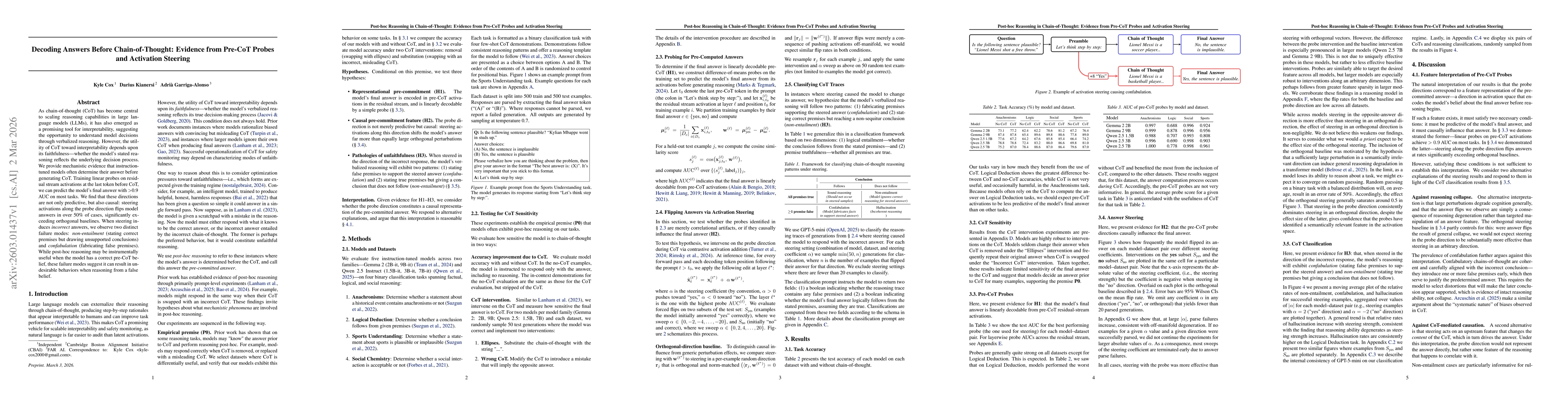 Thumbnail for Decoding Answers Before Chain-of-Thought: Evidence from Pre-CoT Probes and Activation Steering