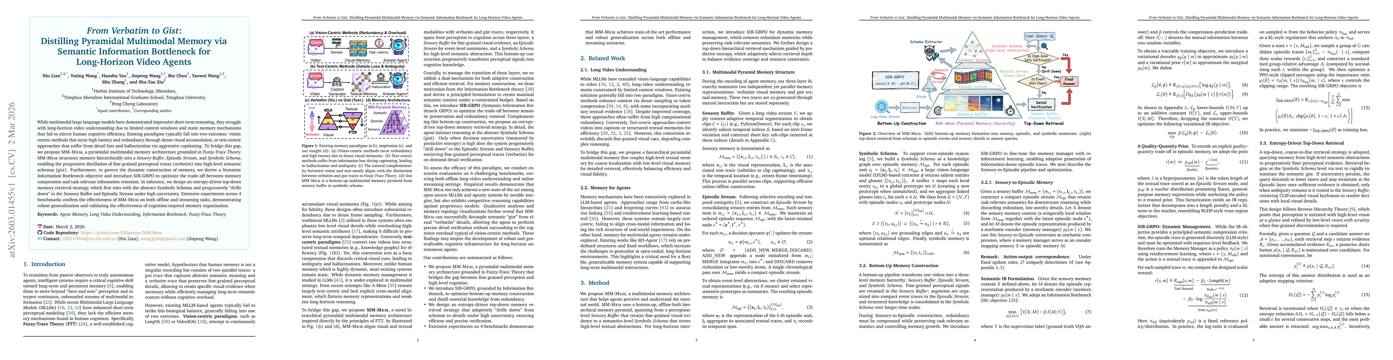 Thumbnail for From Verbatim to Gist: Distilling Pyramidal Multimodal Memory via Semantic Information Bottleneck for Long-Horizon Video Agents