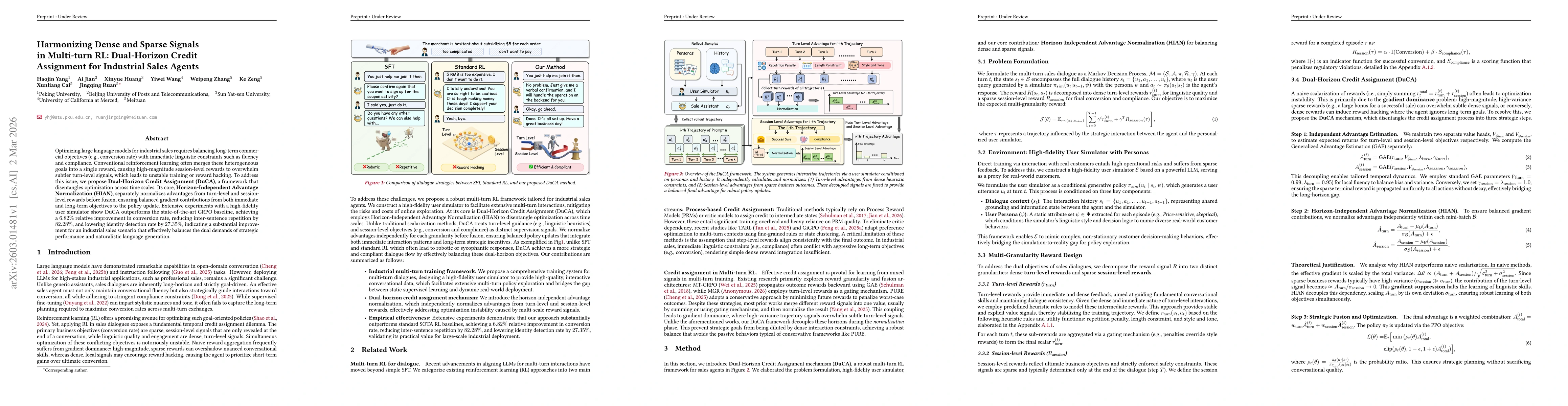 Thumbnail for Harmonizing Dense and Sparse Signals in Multi-turn RL: Dual-Horizon Credit Assignment for Industrial Sales Agents