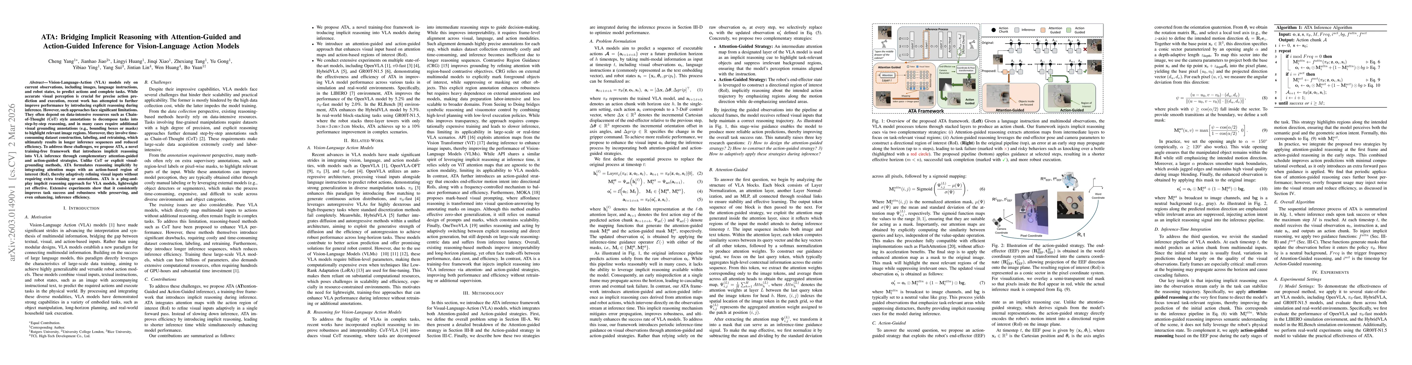 Thumbnail for ATA: Bridging Implicit Reasoning with Attention-Guided and Action-Guided Inference for Vision-Language Action Models