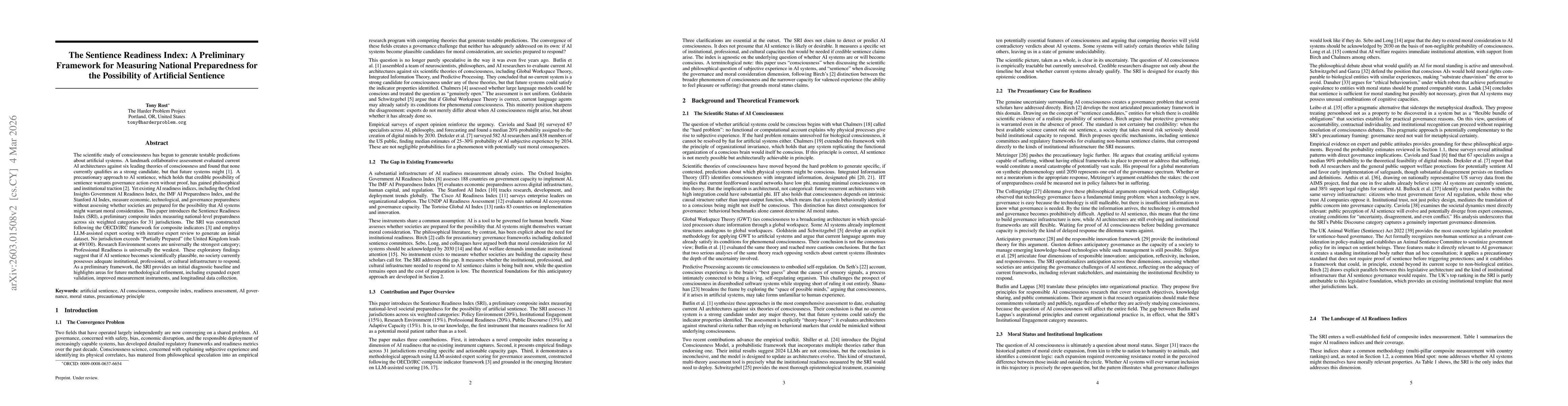 Thumbnail for The Sentience Readiness Index: Measuring National Preparedness for the Possibility of Artificial Sentience