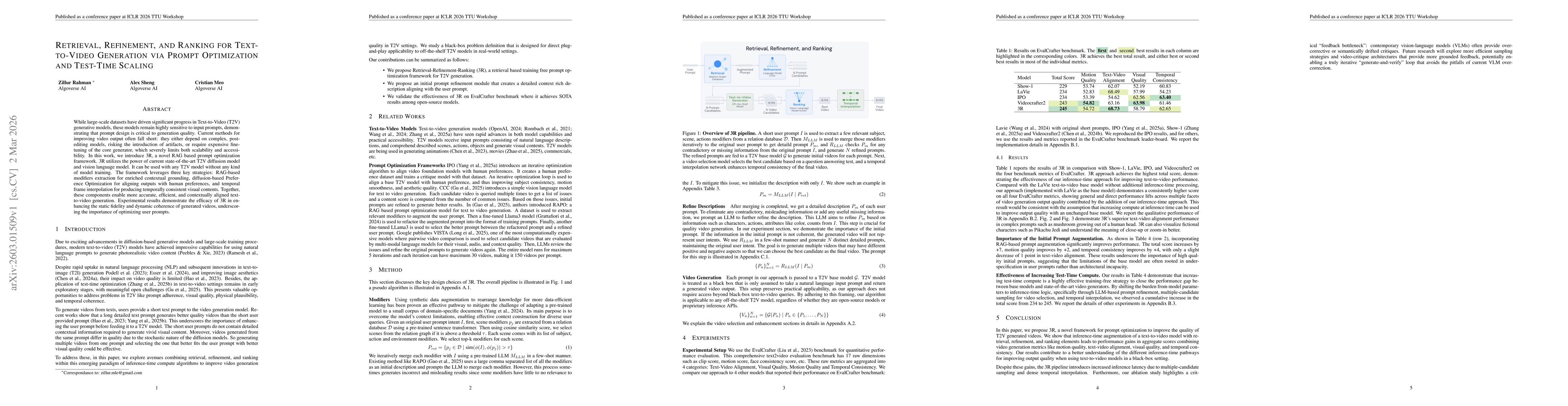 Thumbnail for Retrieval, Refinement, and Ranking for Text-to-Video Generation via Prompt Optimization and Test-Time Scaling