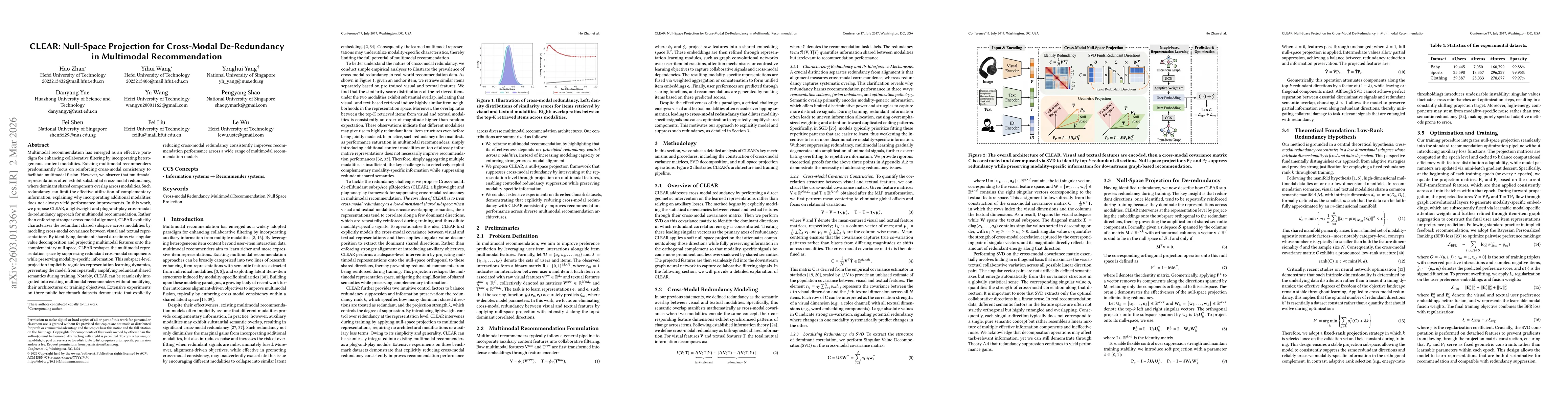 Thumbnail for CLEAR: Null-Space Projection for Cross-Modal De-Redundancy in Multimodal Recommendation