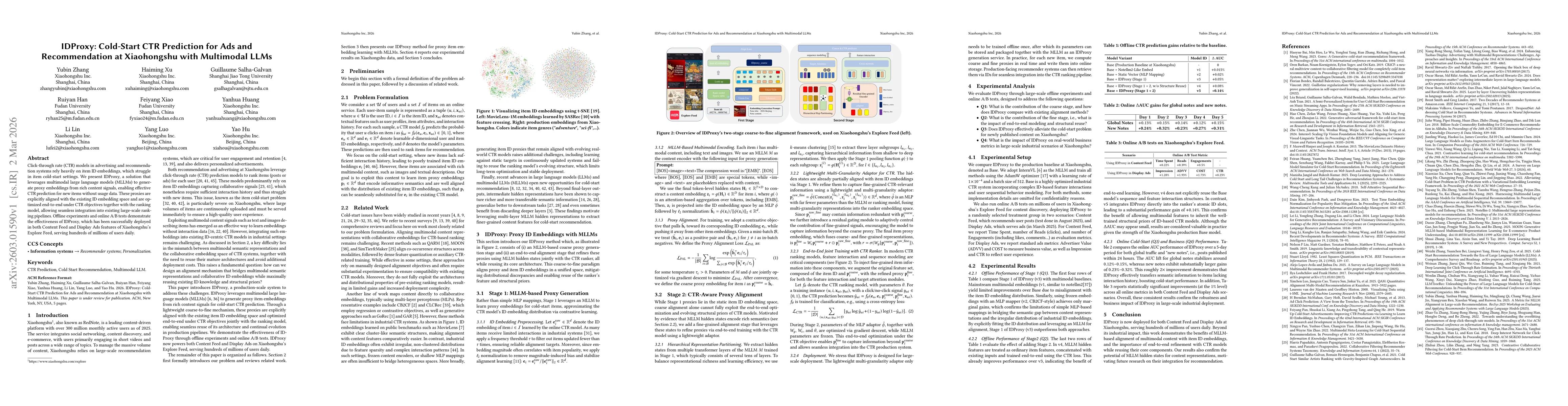 Thumbnail for IDProxy: Cold-Start CTR Prediction for Ads and Recommendation at Xiaohongshu with Multimodal LLMs