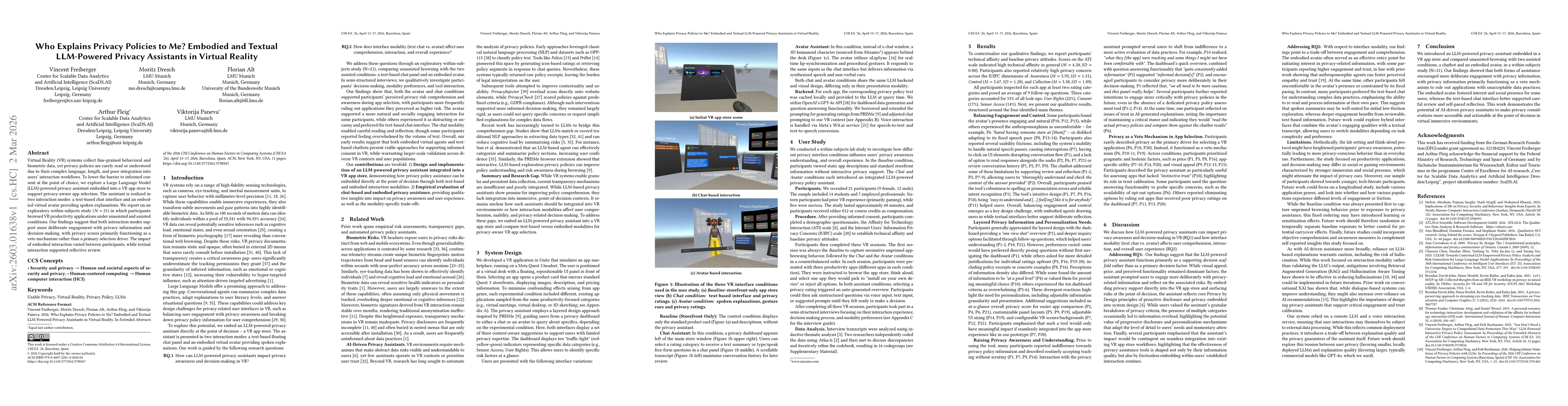 Thumbnail for Who Explains Privacy Policies to Me? Embodied and Textual LLM-Powered Privacy Assistants in Virtual Reality