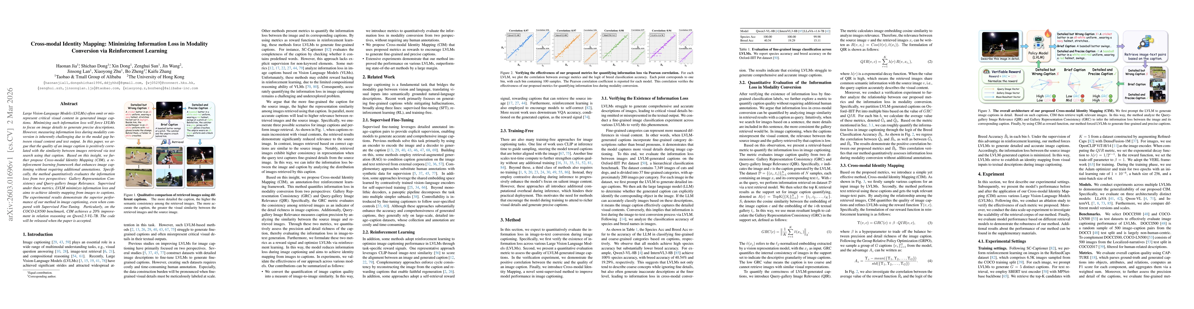 Thumbnail for Cross-modal Identity Mapping: Minimizing Information Loss in Modality Conversion via Reinforcement Learning