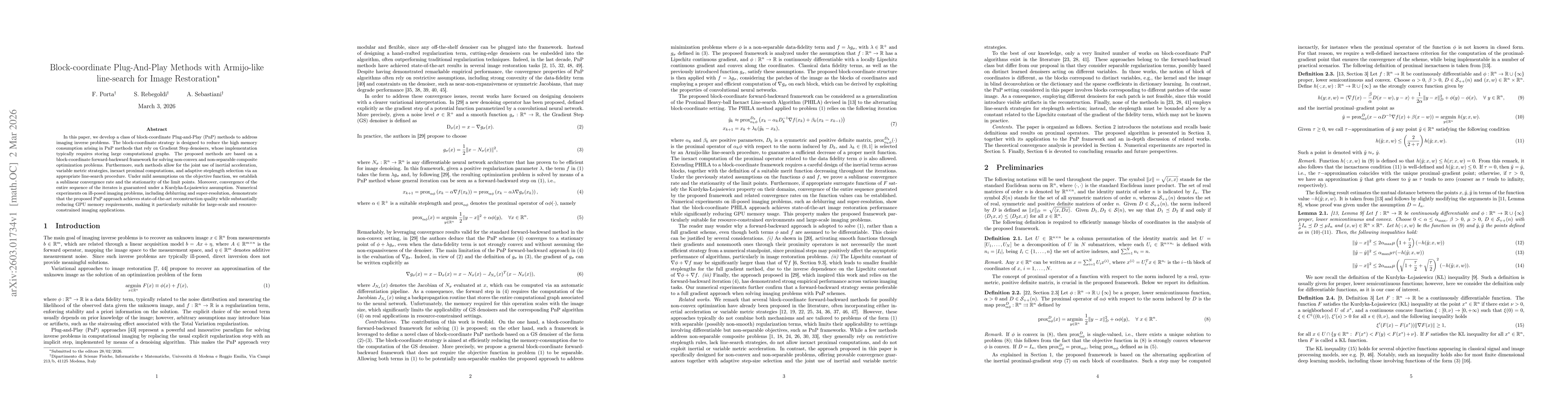 Thumbnail for Block-coordinate Plug-And-Play Methods with Armijo-like line-search for Image Restoration