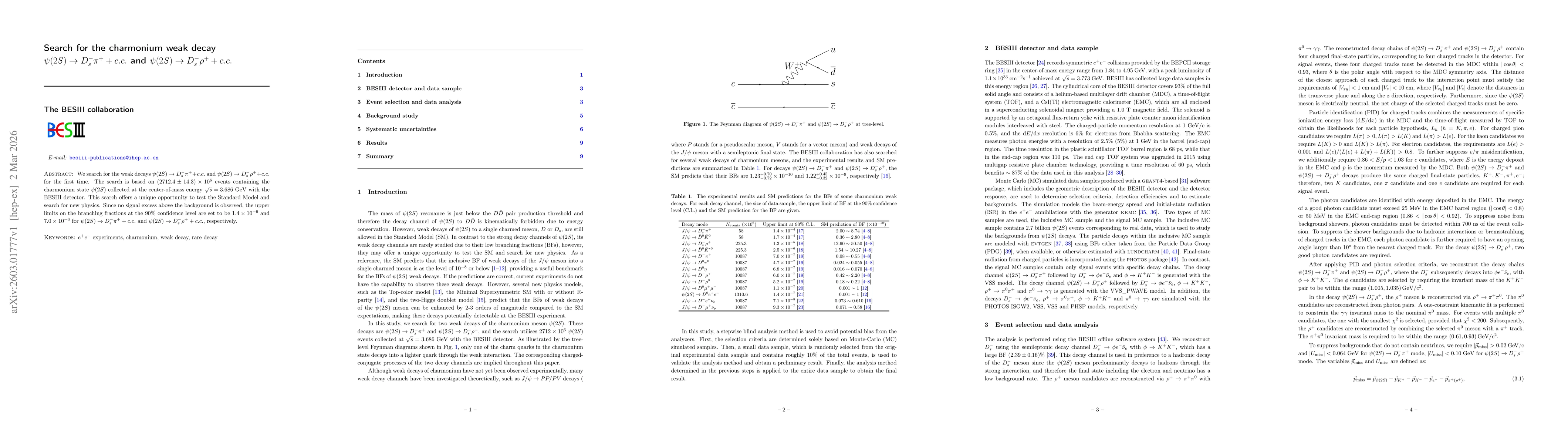 Thumbnail for Search for the charmonium weak decay $ψ(2S)\to D_s^-π^+ + c.c.$ and $ψ(2S)\to D_s^-ρ^+ + c.c.$