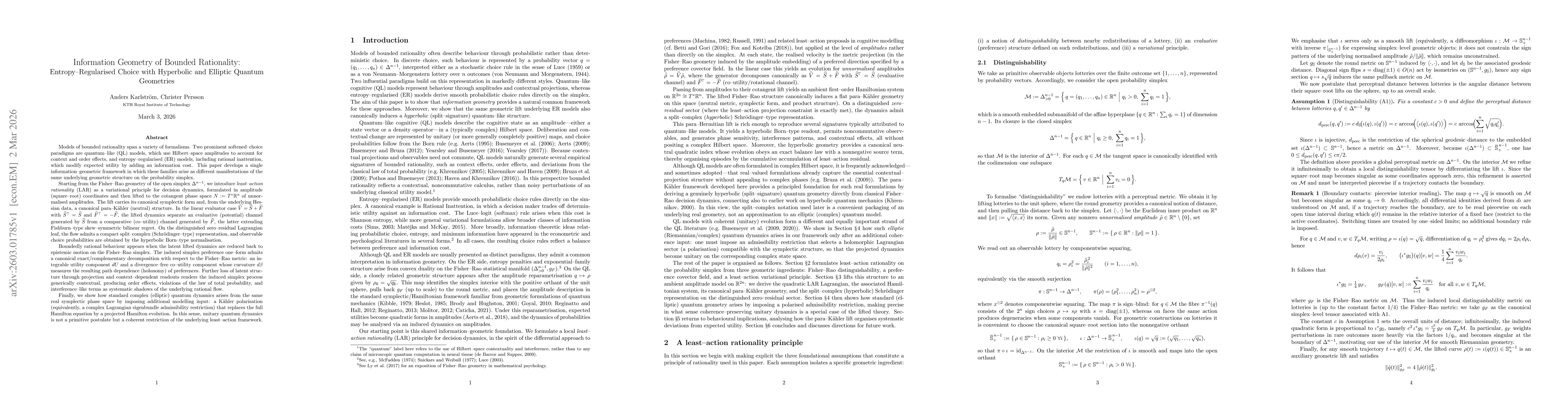 Thumbnail for Information Geometry of Bounded Rationality: Entropy--Regularised Choice with Hyperbolic and Elliptic Quantum Geometries