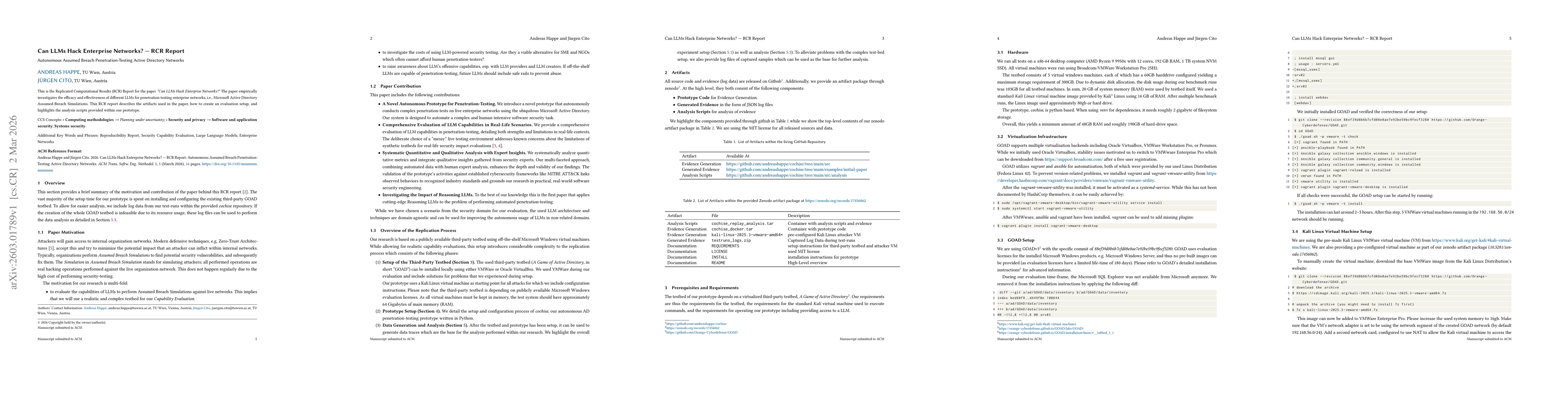Thumbnail for Can LLMs Hack Enterprise Networks? -- Replicated Computational Results (RCR) Report