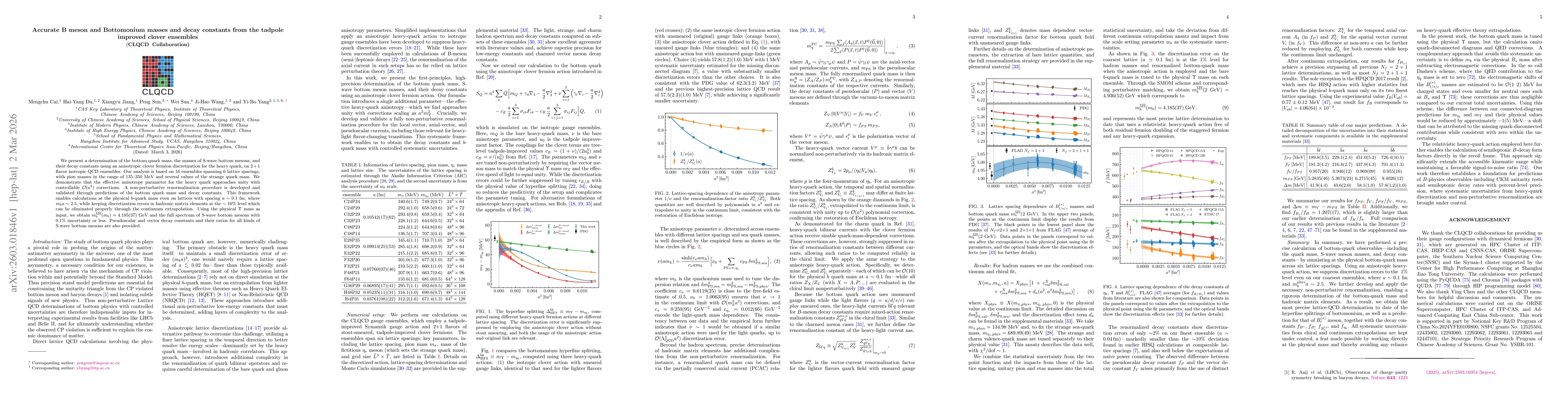 Thumbnail for Accurate B meson and Bottomonium masses and decay constants from the tadpole improved clover ensembles