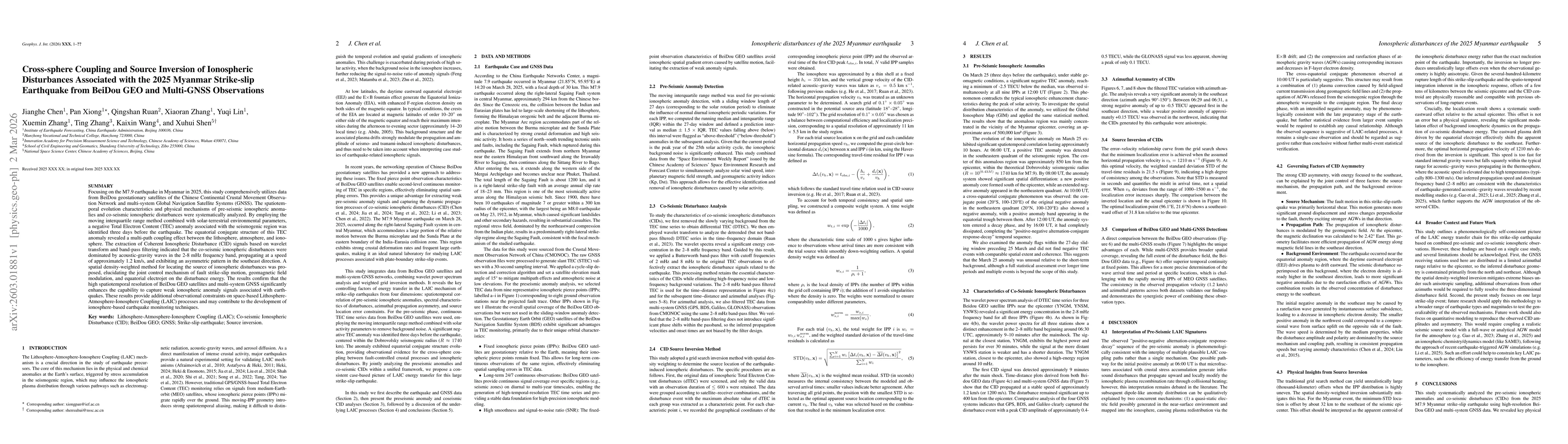 Thumbnail for Cross-sphere Coupling and Source Inversion of Ionospheric Disturbances Associated with the 2025 Myanmar Strike-slip Earthquake from BeiDou GEO and Multi-GNSS Observations
