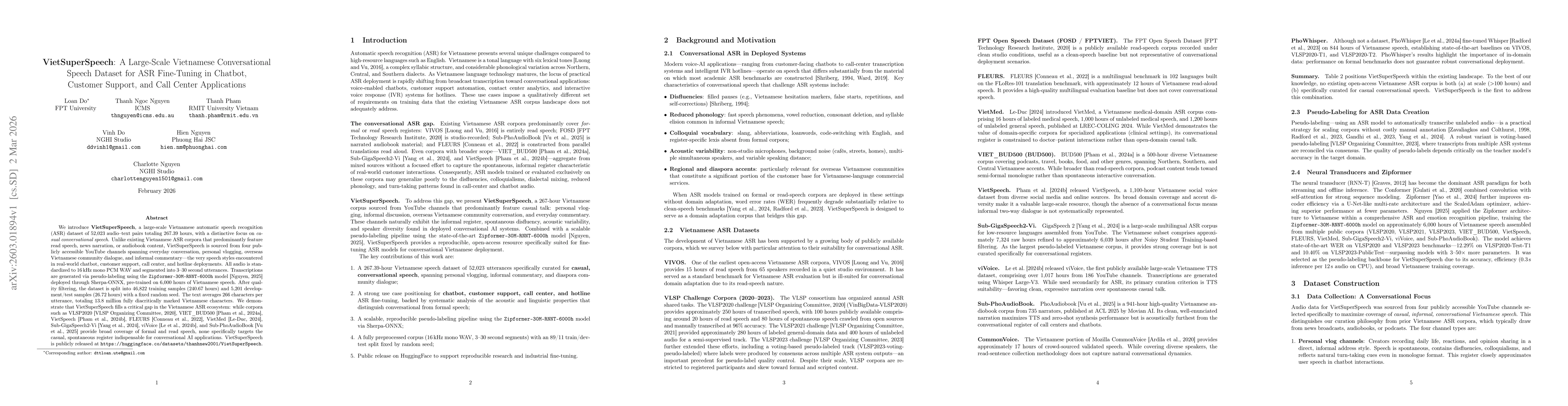 Thumbnail for VietSuperSpeech: A Large-Scale Vietnamese Conversational Speech Dataset for ASR Fine-Tuning in Chatbot, Customer Support, and Call Center Applications