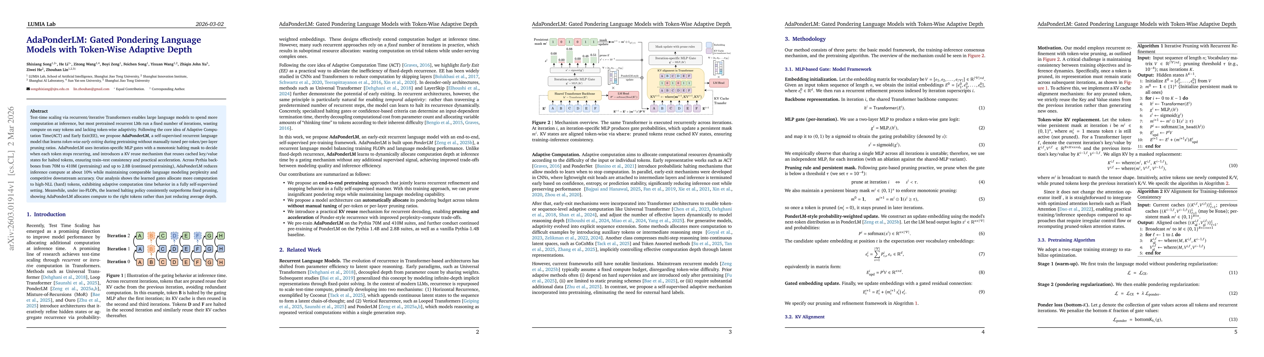 Thumbnail for AdaPonderLM: Gated Pondering Language Models with Token-Wise Adaptive Depth