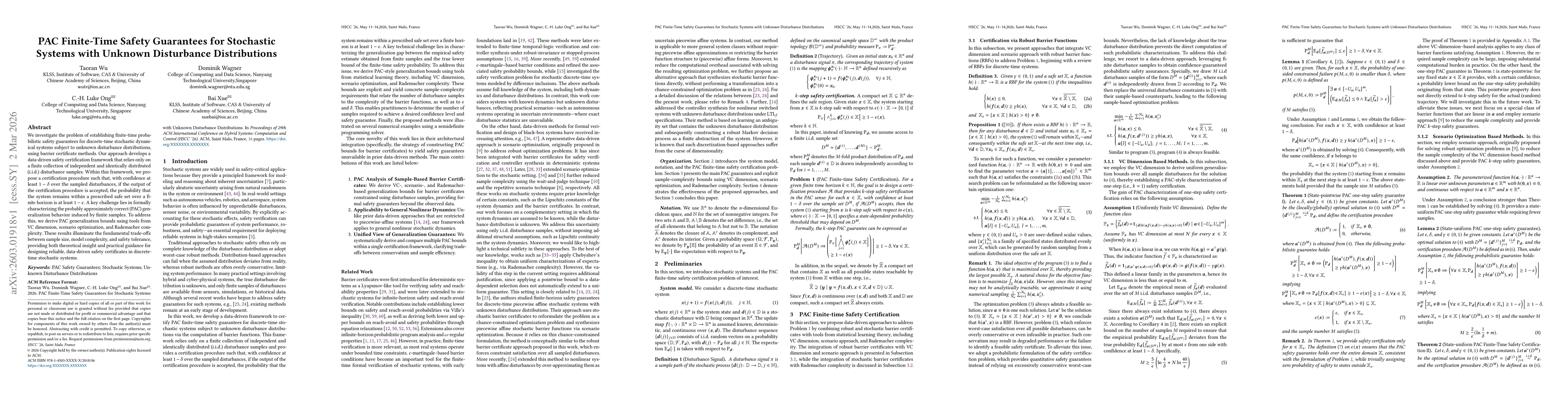 Thumbnail for PAC Finite-Time Safety Guarantees for Stochastic Systems with Unknown Disturbance Distributions