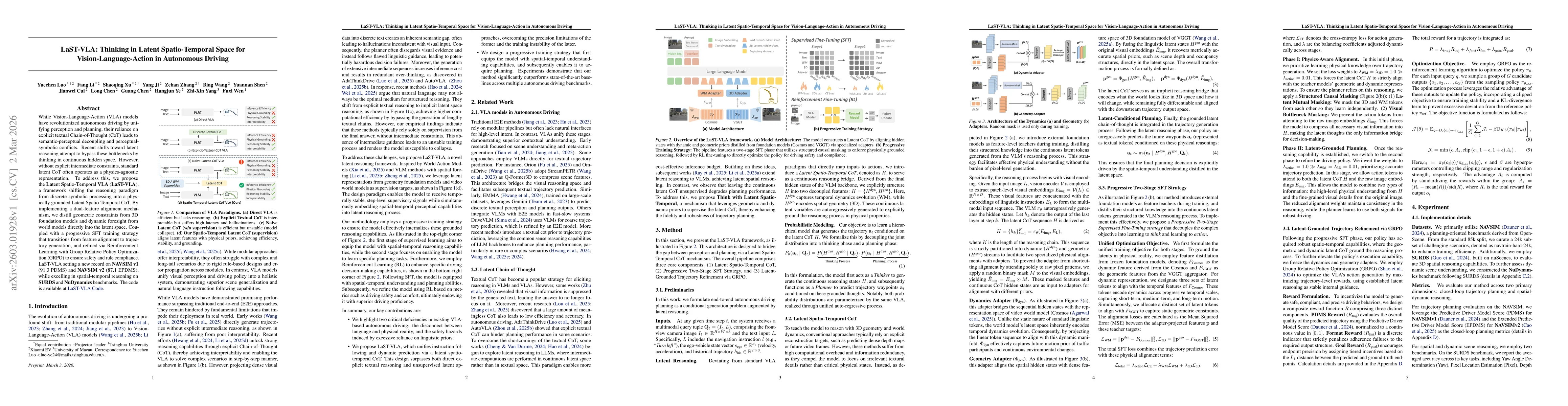Thumbnail for LaST-VLA: Thinking in Latent Spatio-Temporal Space for Vision-Language-Action in Autonomous Driving