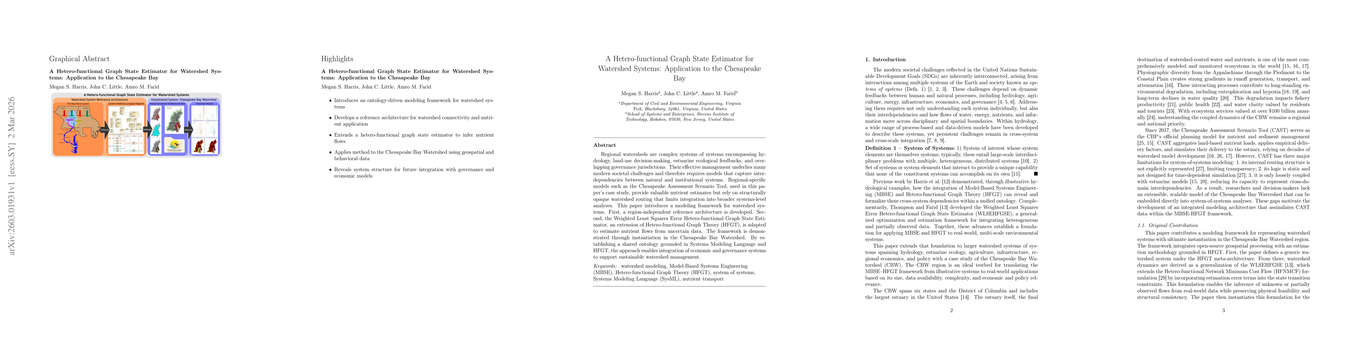 Thumbnail for A Hetero-functional Graph State Estimator for Watershed Systems: Application to the Chesapeake Bay