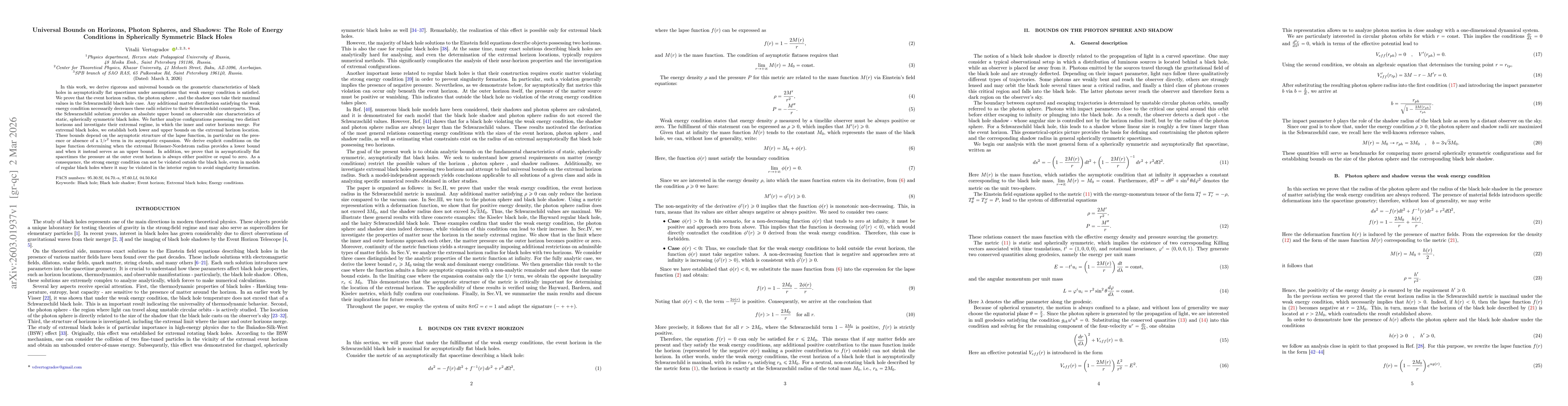 Thumbnail for Universal Bounds on Horizons, Photon Spheres, and Shadows: The Role of Energy Conditions in Spherically Symmetric Black Holes