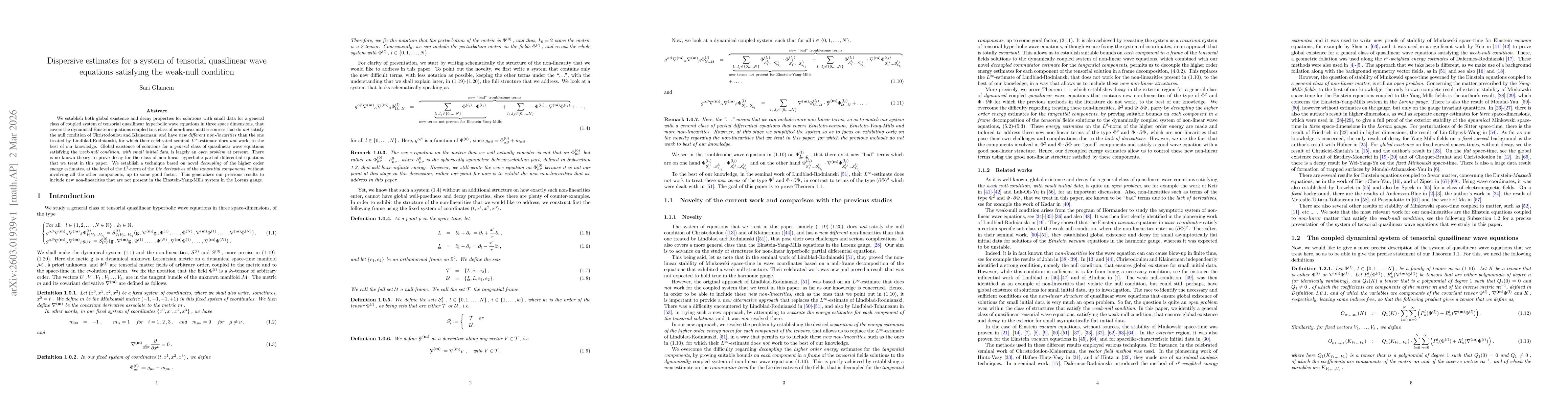 Thumbnail for Dispersive estimates for a system of tensorial quasilinear wave equations satisfying the weak-null condition