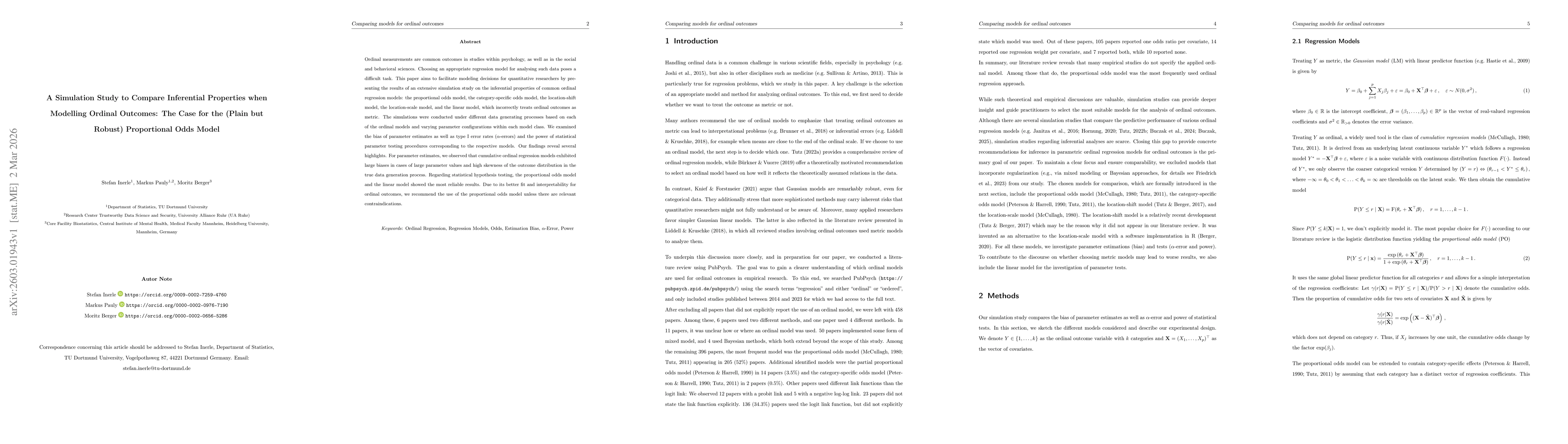 Thumbnail for A Simulation Study to Compare Inferential Properties when Modelling Ordinal Outcomes: The Case for the (Plain but Robust) Proportional Odds Model