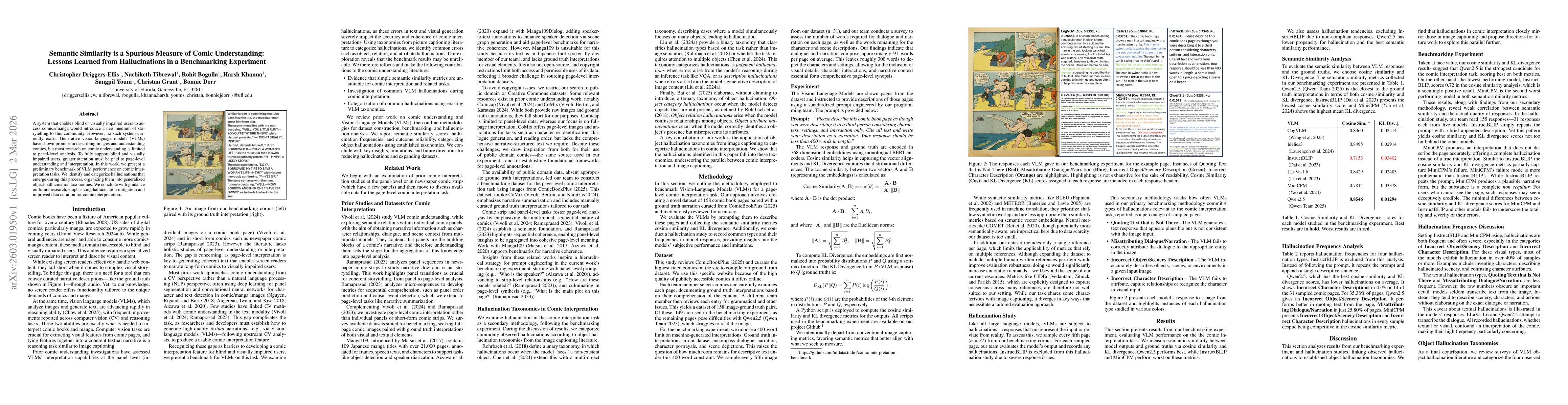 Thumbnail for Semantic Similarity is a Spurious Measure of Comic Understanding: Lessons Learned from Hallucinations in a Benchmarking Experiment