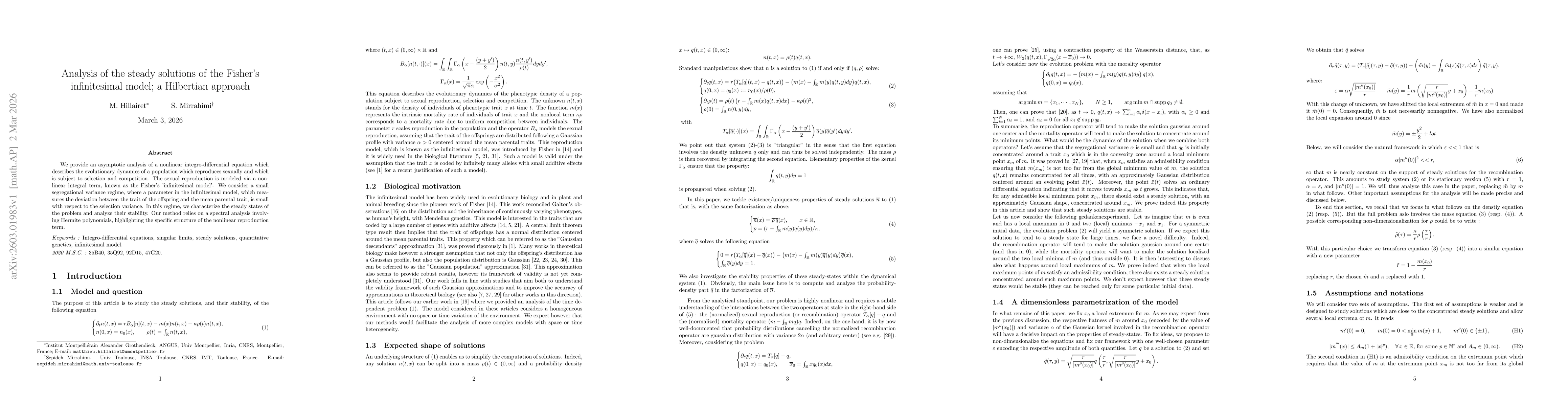 Thumbnail for Analysis of the steady solutions of the Fisher's infinitesimal model; a Hilbertian approach