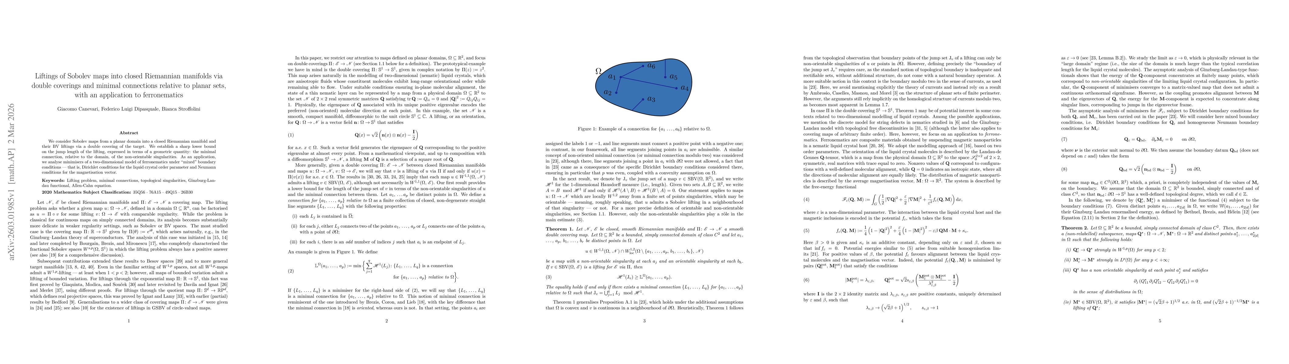Thumbnail for Liftings of Sobolev maps into closed Riemannian manifolds via double coverings and minimal connections relative to planar sets, with an application to ferronematics