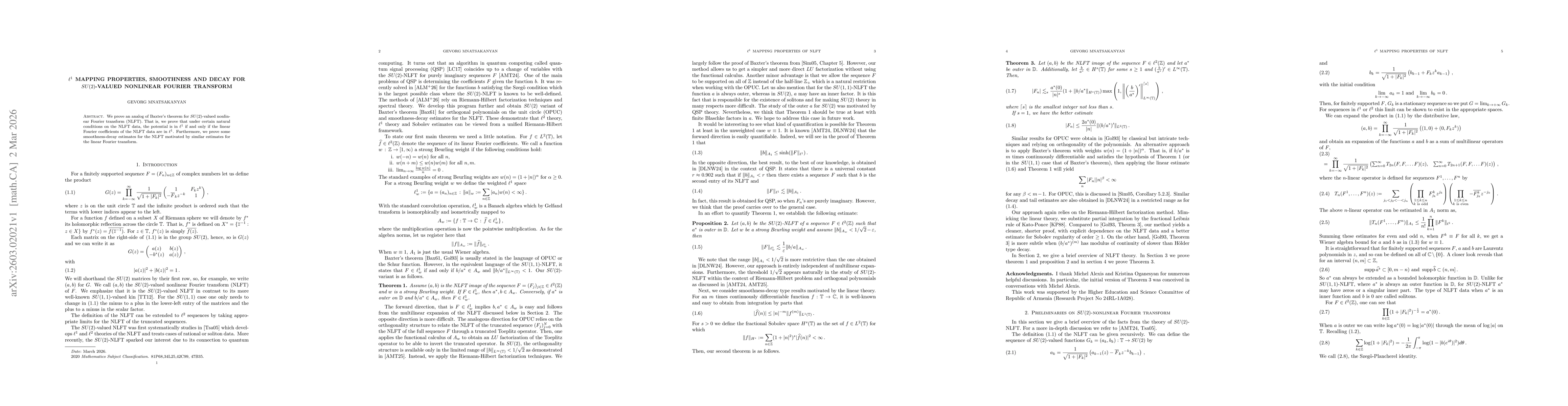 Thumbnail for $\ell^1$ mapping properties, smoothness and decay for $SU(2)$-valued nonlinear Fourier transform