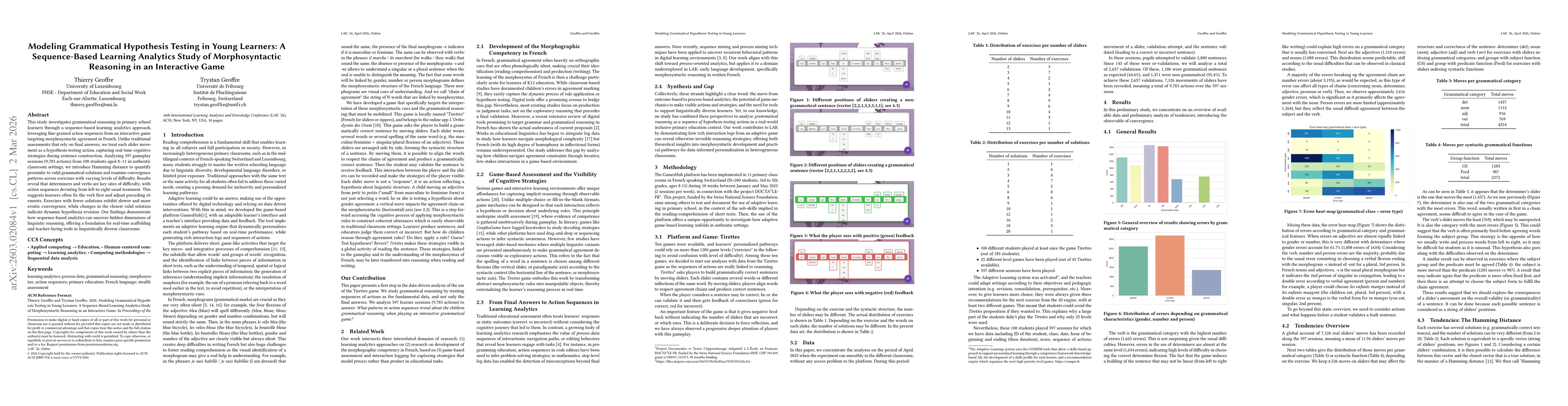Thumbnail for Modeling Grammatical Hypothesis Testing in Young Learners: A Sequence-Based Learning Analytics Study of Morphosyntactic Reasoning in an Interactive Game