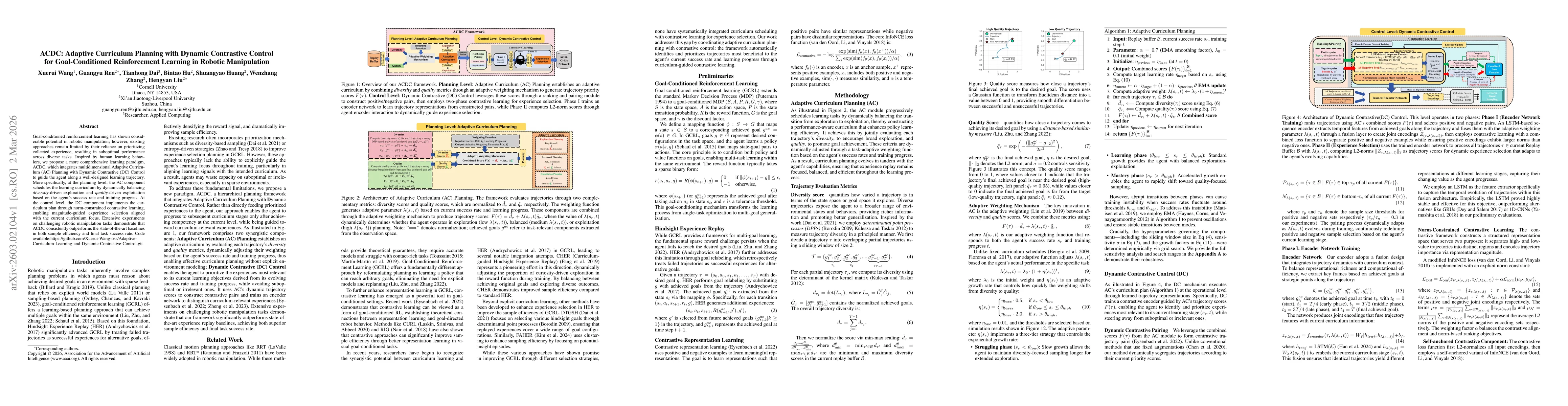 Thumbnail for ACDC: Adaptive Curriculum Planning with Dynamic Contrastive Control for Goal-Conditioned Reinforcement Learning in Robotic Manipulation