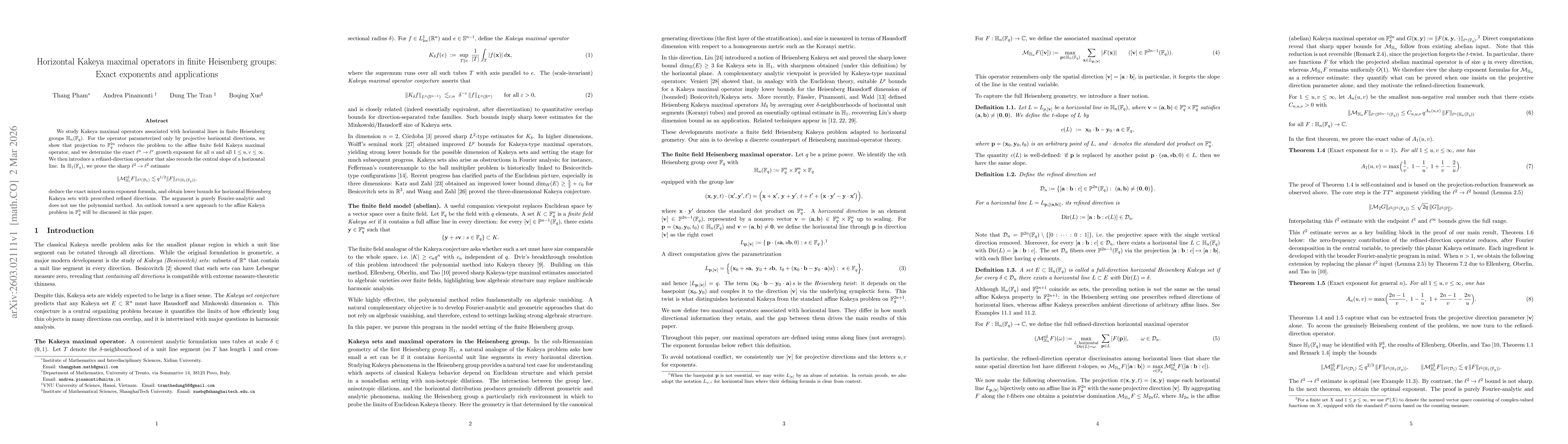 Thumbnail for Horizontal Kakeya maximal operators in finite Heisenberg groups: Exact exponents and applications