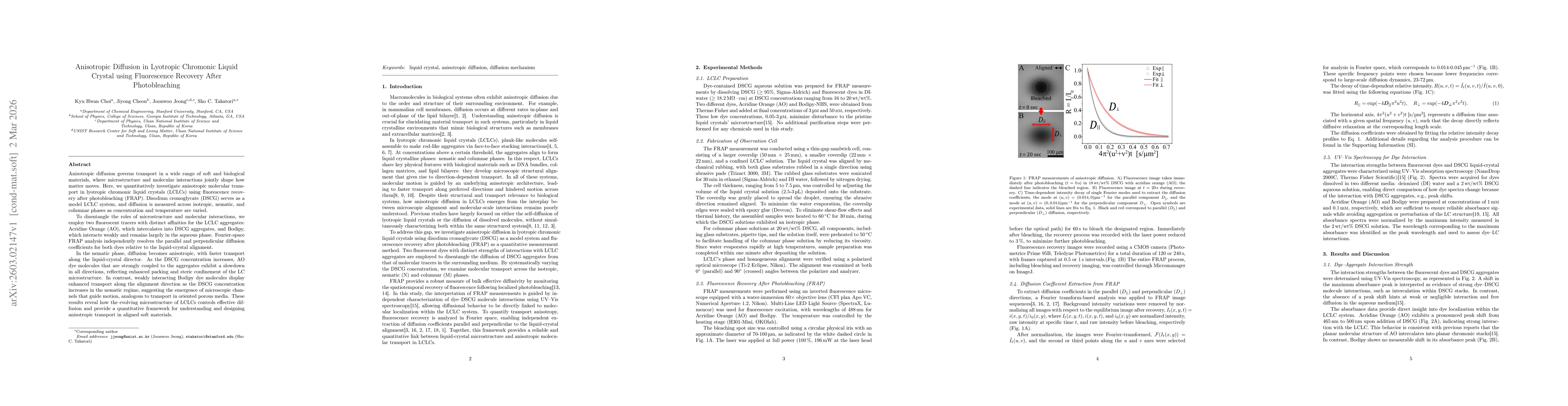 Thumbnail for Anisotropic Diffusion in Lyotropic Chromonic Liquid Crystal using Fluorescence Recovery After Photobleaching