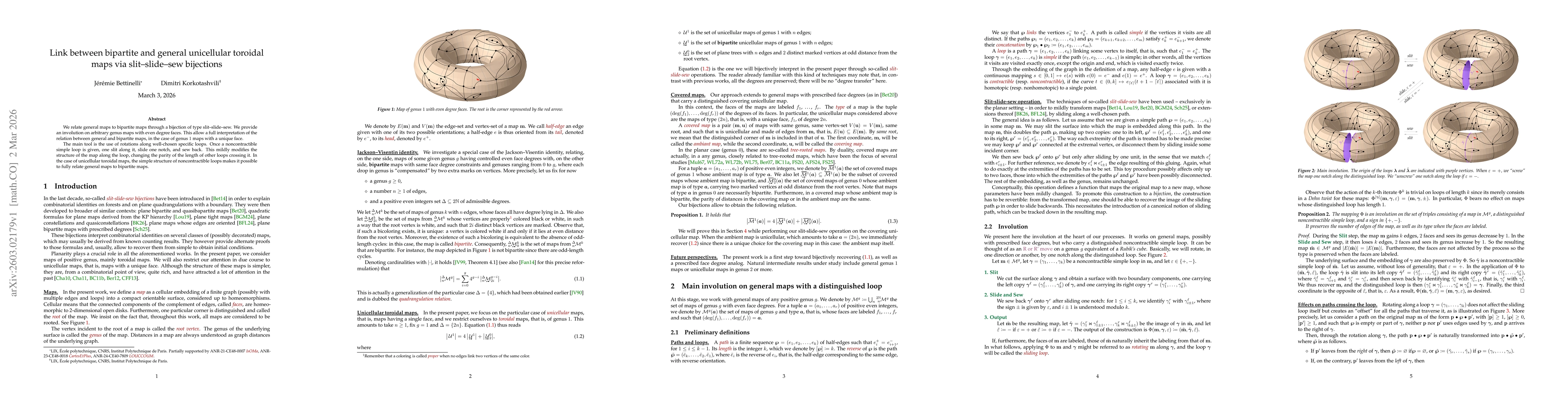 Thumbnail for Link between bipartite and general unicellular toroidal maps via slit--slide--sew bijections