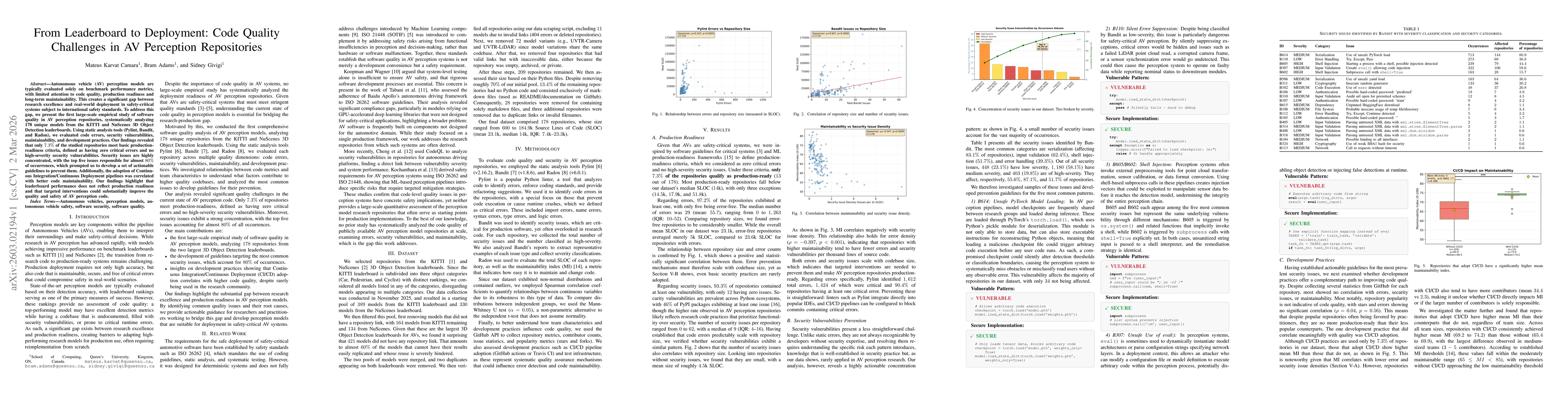 Thumbnail for From Leaderboard to Deployment: Code Quality Challenges in AV Perception Repositories
