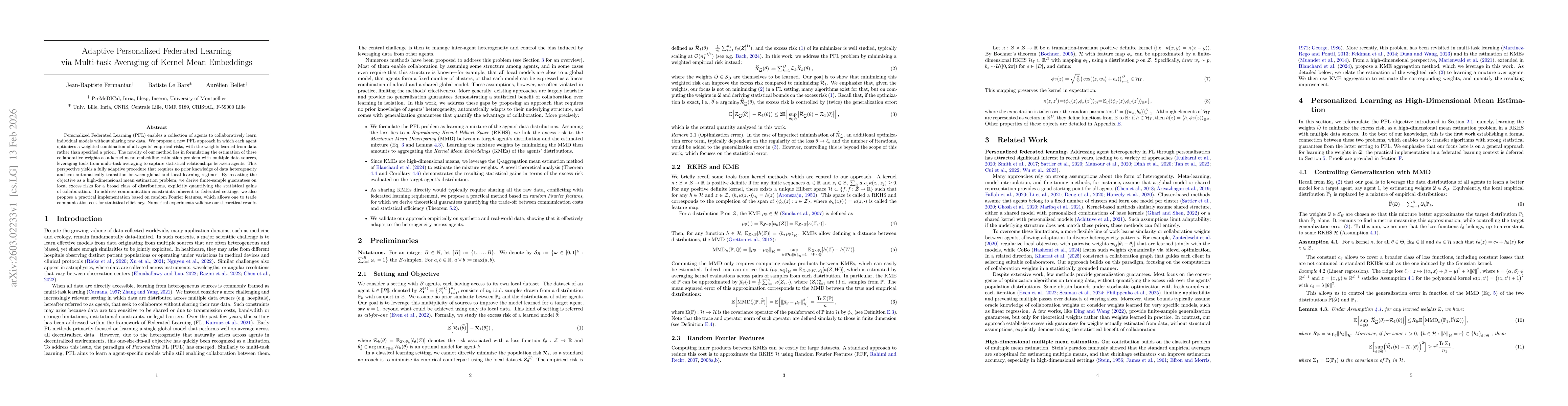 Thumbnail for Adaptive Personalized Federated Learning via Multi-task Averaging of Kernel Mean Embeddings