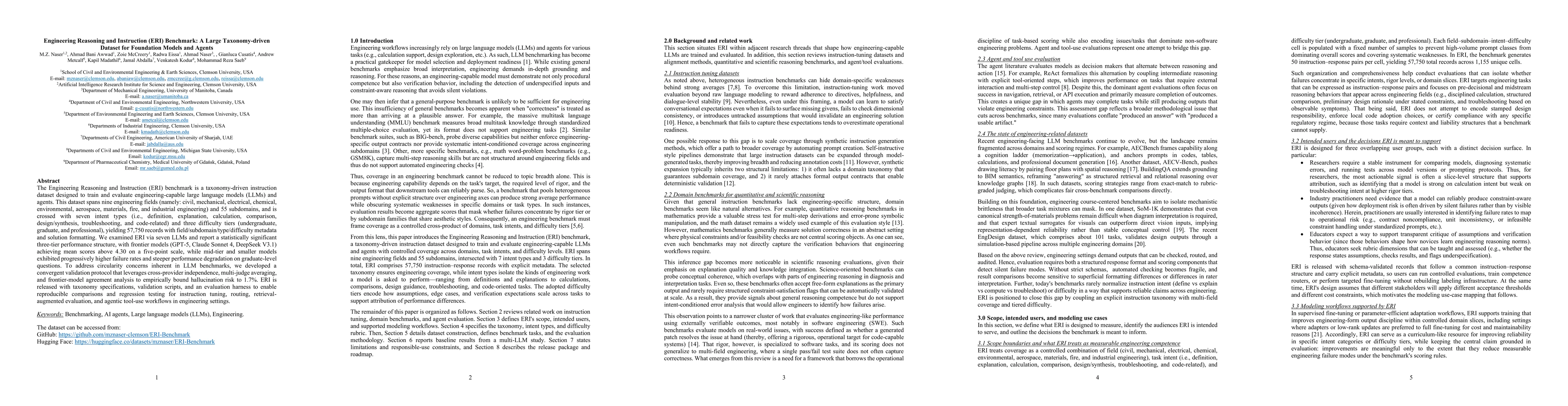 Thumbnail for Engineering Reasoning and Instruction (ERI) Benchmark: A Large Taxonomy-driven Dataset for Foundation Models and Agents